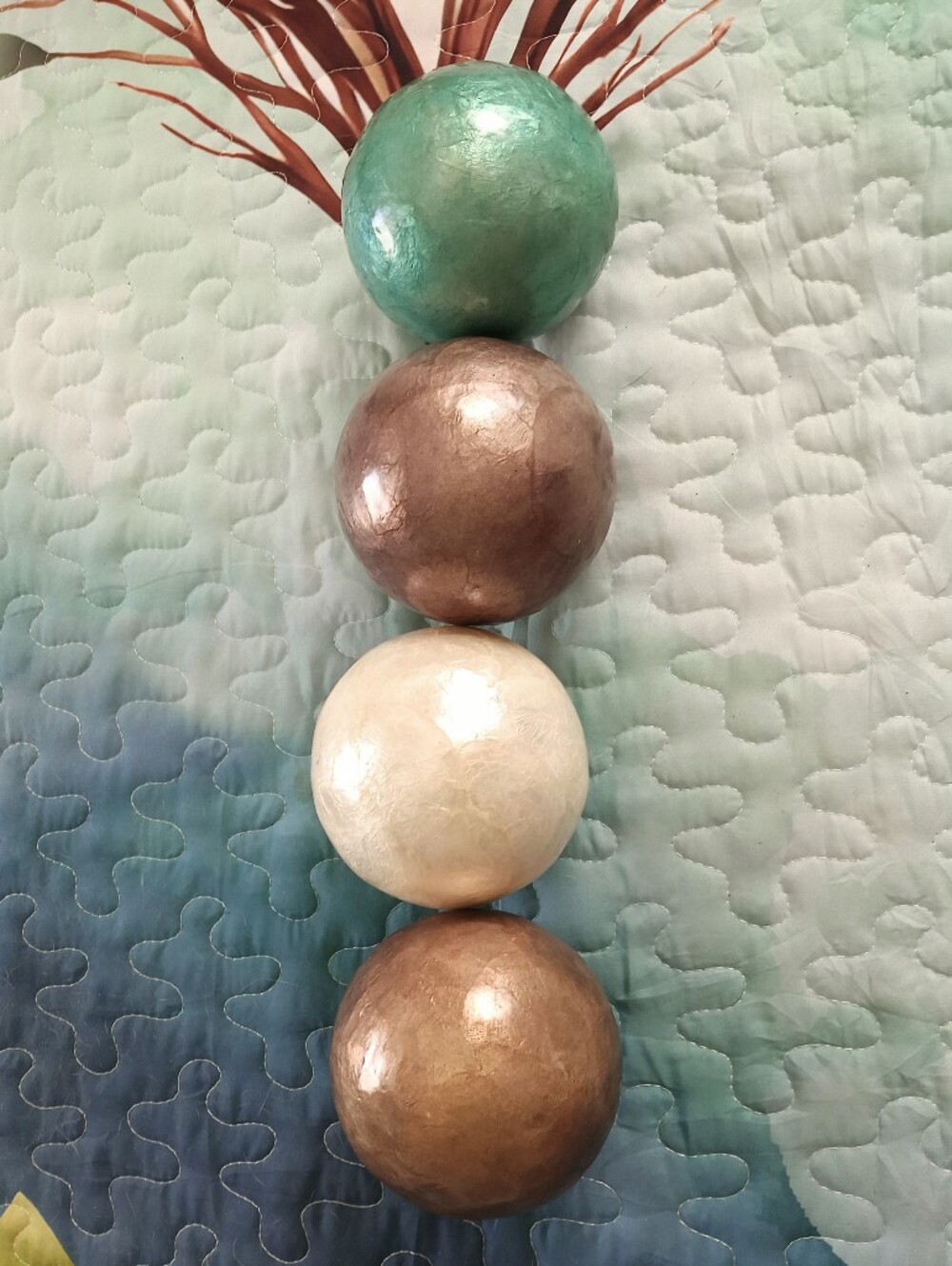 4 Large Pier 1 Decoupage Taupe/Brown, Cream & Teal Decorative Orbs